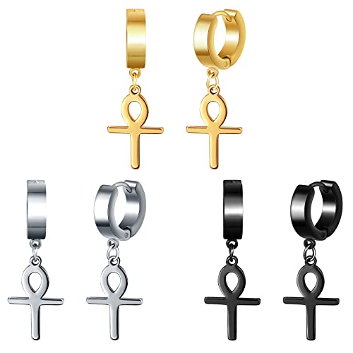 feilok 3 Paare Edelstahl Ohrringe Kreuz für Herren Damen Ohrringe Herren Schwarz Ohrringe Männer Creolen Ohrringe Gold Hängend Silber Ohrringe Creolen mit Anhänger Herren Damen Set von Feilok