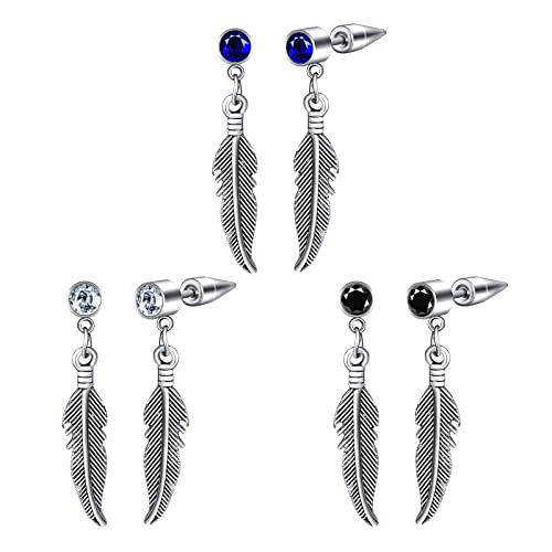 Feilok 3 Paar Edelstahl Creolen Zirkon Ohrringe - Feder für Herren und Damen, Hängend Silber Mit Anhänger Set von Feilok