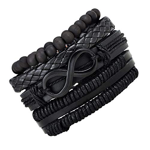 Feilok 4 Stücke Lederarmband Herren Armband Set Leder Armbänder Unendlichkeit Infinity für Herren und Damen Armband Set Geflochten Elastisch Perlenarmband Holz Herrenarmband von Feilok