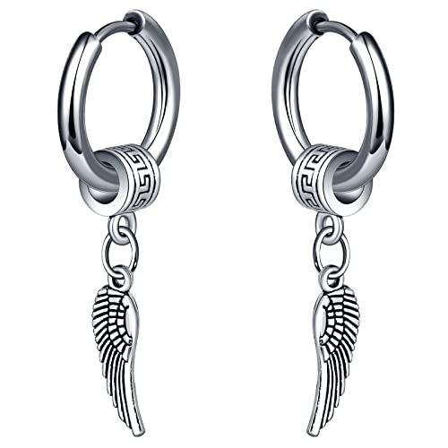 Feilok Edelstahl Huggie Creolen für Herren und Frauen - Ohrringe mit Feder Anhänger - Hängend von Feilok