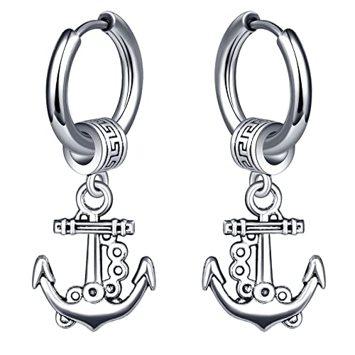 feilok Edelstahl Creolen Baumeln Huggie Damen Ohrringe für Herren Frauen Hoop-Ohrringe mit Anker Anhänger Männer Creolen Hängend von Feilok