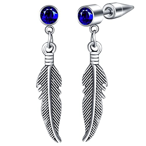 feilok Edelstahl Creolen blau Zirkon Ohrringe Feder für Herren Damen Ohrringe Männer Creolen Hängend Silber Ohrringe mit Anhänger von Feilok