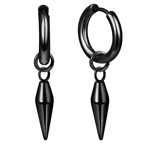 feilok Edelstahl Ohrringe mit Anhänger - Spike Ohrringe für Herren und Damen, Schwarz mit Creolen von Feilok