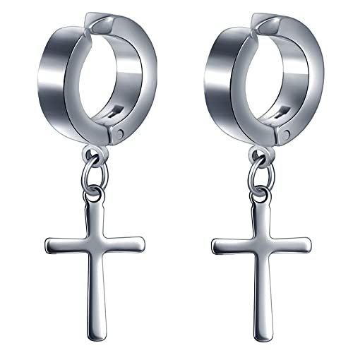feilok Herren Unisex Creolen Edelstahl Klassisches mit Kreuz Anhänger Ohrringe Ohrstecker Ohrhänger Ohr-Piercing für Herren Damen Silber von Feilok