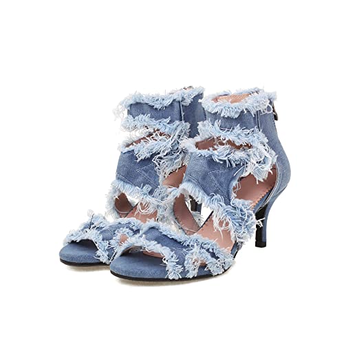 Feinlina Damen-Sandalen mit offener Spitze Denim-Optik High Heel modisch & bequem mit Knöchelriemen und Stiletto-Absatz (Blau,40) von Feinlina