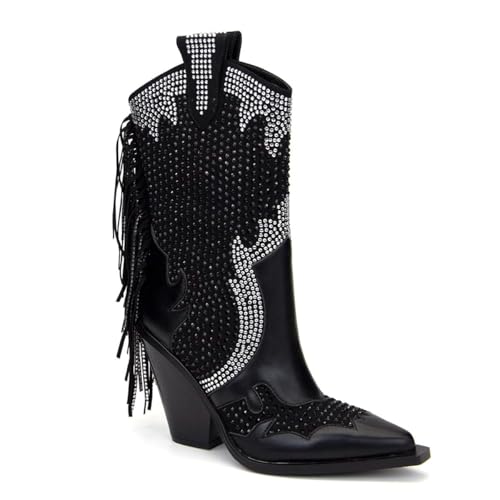 Feinlina Damen Stiefel mit spitzer Zehe blockabsatz mittellanger Schaft weiter Wadenbereich Strassverziert Western-Cowboystiefel mit Quaste (Schwarz,38) von Feinlina