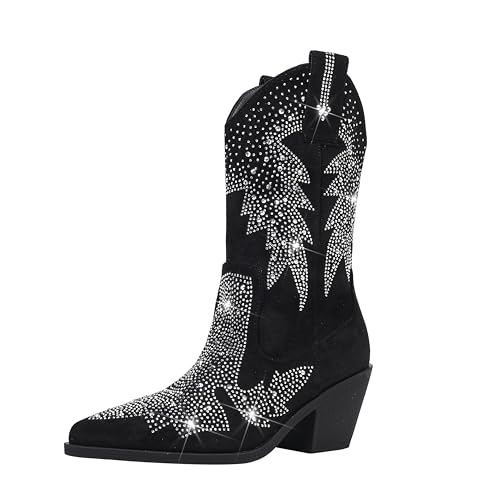 Feinlina Frauen funkelnden Strass Bling Cowgirl Wildleder Western Stiefel glänzend spitzen Zehe klobig Ferse Glitter Ankle Booties (Schwarz,41) von Feinlina