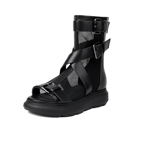 Feinlina Schwarz Leder Mesh Zehen Riemchen Sandalen Damen Flache Plateauschuhe mit Schnallenriemen Hinterer Reißverschluss Bequeme Reiseschuhe(Schwarz,39) von Feinlina