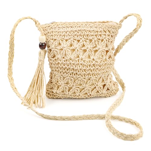 Feirdhoo Strohtasche Damen, Stroh Umhängetasche mit Quaste, Gewebte Handgefertigte Boho Tasche mit Reißverschluss, Strandtasche Stroh Handtasche Crossbody Tasche für Urlaub Strand Reisen von Feirdhoo