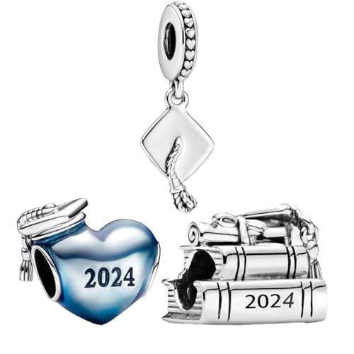 Feitery Ein Satz mit drei(Eulen Goldene Graduierungskappe Blaues Herz) Charms Blaue Herz Anhänger Kompatibilität für Pandora Armband Geschenke zur Abschlussfeier für Klassenkameraden von Feitery