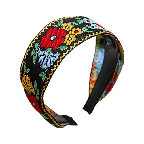 Bohemian Haarband Stickerei Retro-Ethno-Stil Gürtelzähne -Rutsch-Stirnband Haarspange Haargummi Damen (Black, One Size) von Feizikaw