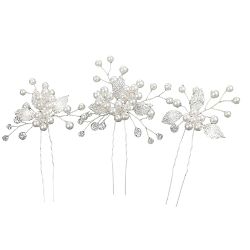 Haarspange Damen Perlen-Braut-Hochzeits-Haarnadeln, Blatt-Braut-Kopfschmuck, Blumen-Haarschmuck für Frauen Mädchen (3er-Pack) (Silver, One Size) von Feizikaw