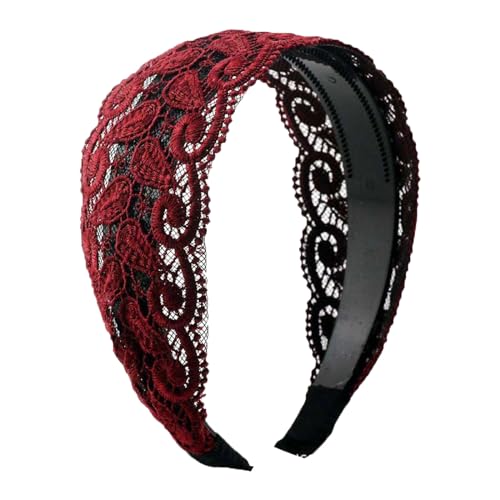 Haarspangen Damen Dünnes Haar Stirnband Slip Mit Zähnen Elegant Breit Hohe Belastbarkeit Stabile Befestigung Haar Zubehör Zarte Spitze Stickerei Frauen Haarband Für Party Rot (Red, 20 * 20 * 6) von Feizikaw