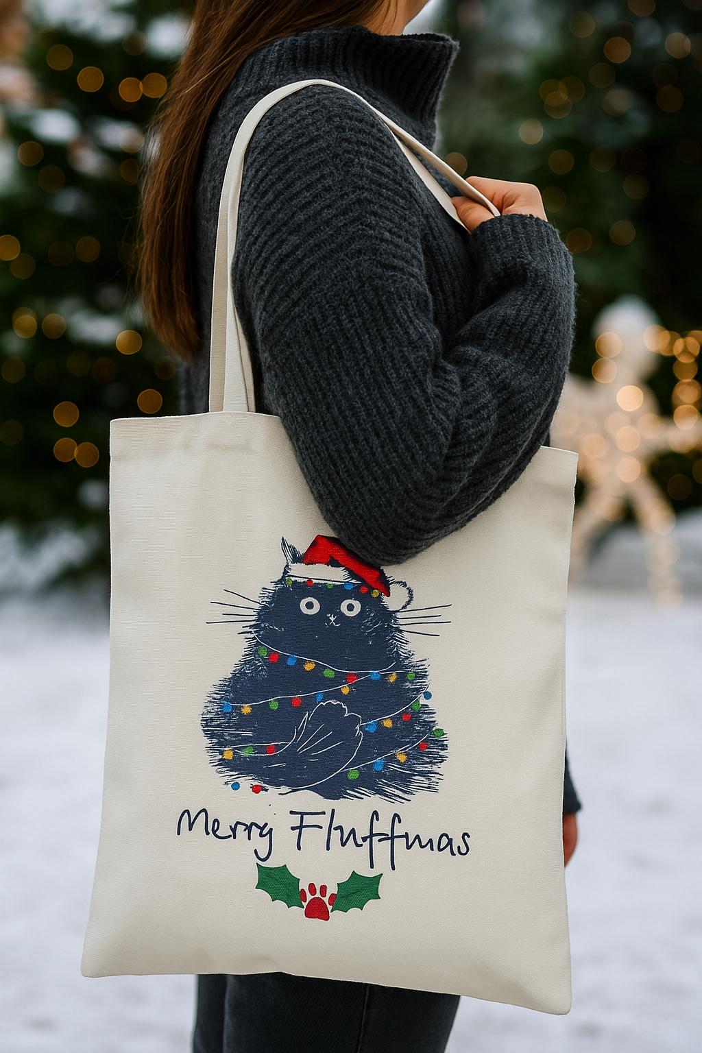 Weihnachtstasche Mit Katze - Merry Fluffmas Beutel, Lustige Katzen Geschenkidee, Weihnachts Shopper, Nachhaltige Stofftasche Weihnachten von Felaja