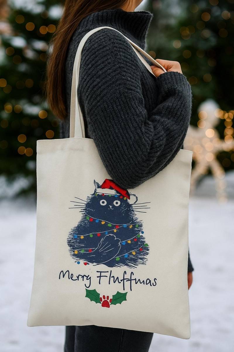 Weihnachtstasche Mit Katze - Merry Fluffmas Beutel, Lustige Katzen Geschenkidee, Weihnachts Shopper, Nachhaltige Stofftasche Weihnachten von Felaja