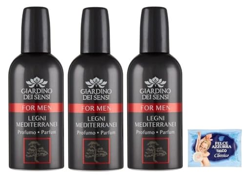 3 x Giardino dei Sensi Parfum For Men Legni Mediterranei, intensiver und origineller Herrenduft 100 ml + 1 Packung Talkum Felce Azzurra gratis, Beutel mit 100 g von Felce Azzurra