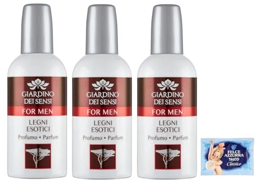 3 x Giardino dei Sensi Parfum For Men exotisches Holz, intensiver und origineller Herrenduft, 100 ml + 1 Packung Talkum Felce Azzurra gratis, Beutel mit 100 g von Felce Azzurra