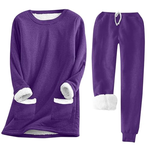 2-teiliges Damen-Outfit, warm gefüttert, Fleece, übergroßes Sweatshirt und elastische Jogginghose mit Taschen, Trainingsanzug-Set, Loungewear, A-purple, Medium von Felcia