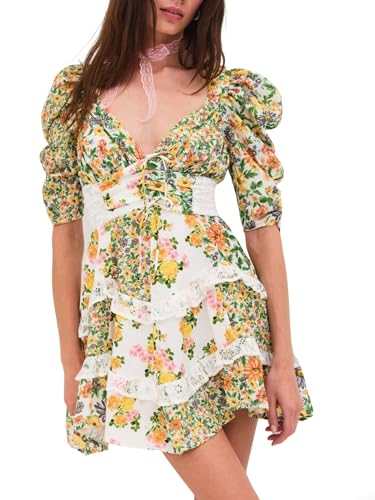 Damen 2025 Sommerkleider Casual Midi Floral Boho Kleid Flowy Beach Loose Fit Ultradünne Rüschen Sonnenkleider, A-multi, M von Felcia