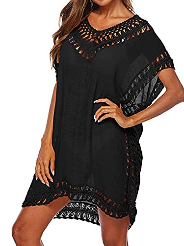 Damen Badeanzug Cover Ups Beachwear Hollow Out V-Ausschnitt Kurzarm Häkelkleid Bikini Badeanzug, A-schwarz, onesize von Felcia