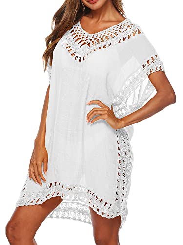 Damen Badeanzug Cover Ups Beachwear Hollow Out V-Ausschnitt Kurzarm Häkelkleid Bikini Badeanzug, A-weiß, onesize von Felcia