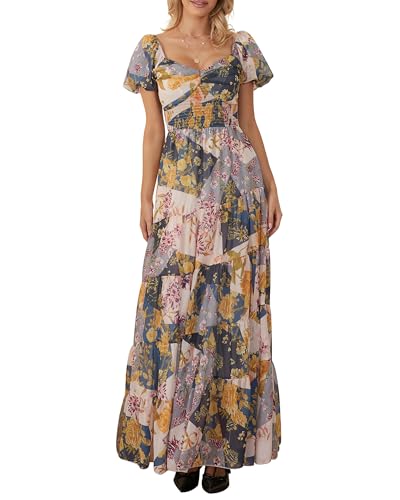 Damen Blumendruck Maxikleid Kurz Puffärmel Herzausschnitt Tunika Taille A-Linie Kleid Sommer Trendiges Kleid, A-orange rot, Medium von Felcia