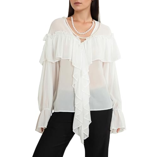 Damen Casual V-Ausschnitt Chiffon Blusen Elegant Langarm Rüschen Sheer Shirt Loose Fit Ausgehen Top Ästhetische Kleidung, A-Elfenbein, L von Felcia