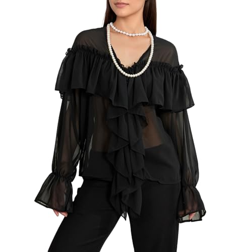 Damen Casual V-Ausschnitt Chiffon Blusen Elegant Langarm Rüschen Sheer Shirt Loose Fit Ausgehen Top Ästhetische Kleidung, A-schwarz, S von Felcia