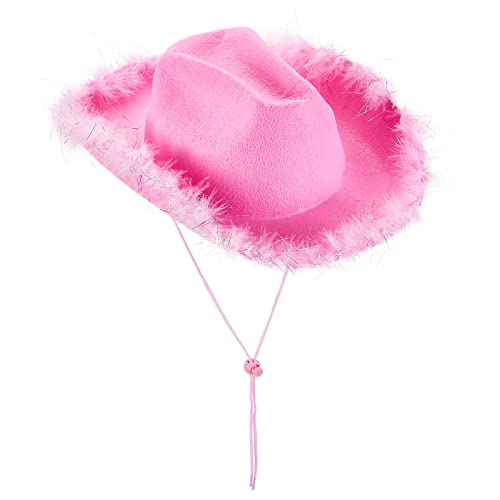 Cowboyhut für Damen, Erwachsene, einfarbig, pelziger Rand, breite Krempe, Cowboyhüte mit Federn für Verabredung, Party, Tanz, Rosa, Stil 3, Einheitsgröße von Felcia