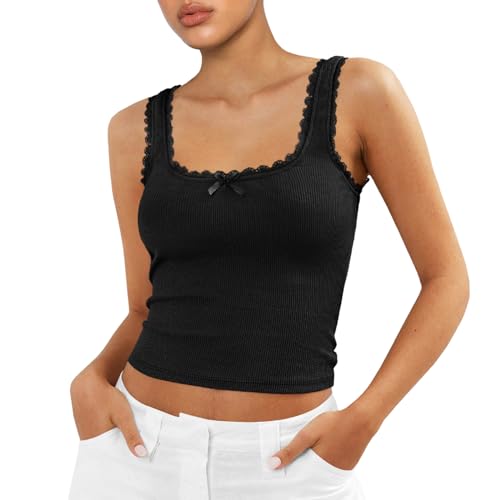 Damen Crop Tank Tops Sommer U-Ausschnitt Rückenfrei Spitzenbesatz Gerippt Cami Tops Slim Fit Ausgehen Top Streetwear, A-schwarz, M von Felcia