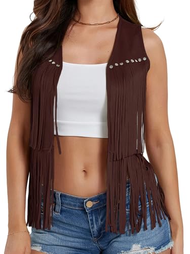 Damen Denim Quaste Jacke Vintage Revers Langarm Fransen Cropped Hippie Motor Biker Cardigan Outwear, C-Dunkelbraun, L von Felcia