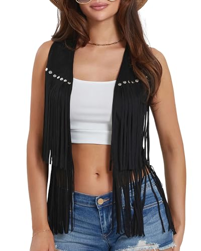 Damen Denim Quaste Jacke Vintage Revers Langarm Fransen Cropped Hippie Motor Biker Cardigan Outwear, C-schwarz, S von Felcia