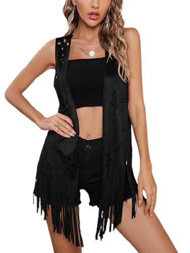 Damen Denim Quaste Jacke Vintage Revers Langarm Fransen Cropped Hippie Motor Biker Cardigan Outwear, D-schwarz, 46 von Felcia