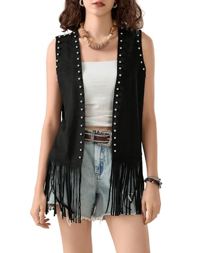 Damen Denim Quaste Jacke Vintage Revers Langarm Fransen Cropped Hippie Motor Biker Cardigan Outwear, F-schwarz, 36 von Felcia