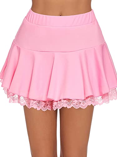 Damen Plissee Minirock A-förmig ausgestellt Outline Spitze Rüschen Elastischer Bund Kurzer Rock, A-Pink, XL von Felcia