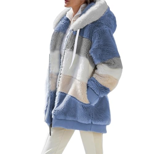 Damen Fleecejacke Winter Warm Oversized Hoodie Cardigan Weich Langarm Reißverschluss Flauschige Teddyjacke mit Taschen Oberbekleidung, A-Blau, XL von Felcia