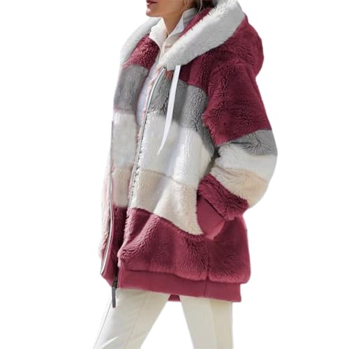 Damen Fleecejacke Winter Warm Oversized Hoodie Cardigan Weich Langarm Reißverschluss Flauschige Teddyjacke mit Taschen Oberbekleidung, A-Wine Red, XXL von Felcia