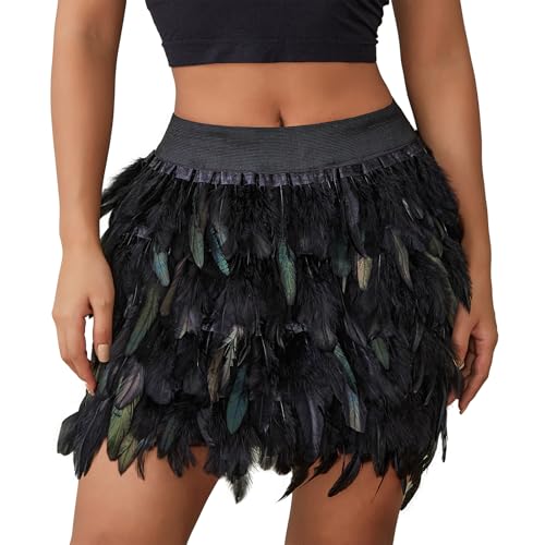 Damen Gothic Unregelmäßiger Federrock Elastische Taille Cosplay Minirock für Party Bühnenaufführung Halloween Karneval Kostüm, A-schwarz, M von Felcia