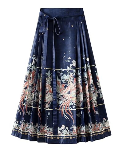 Damen Horseface Rock Elegant Phönix Charakter Blumendruck Faltenrock Tie Up A-Linie Swing Maxirock, blau, Einheitsgröße von Felcia