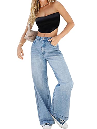 Damen-Jeans, hohe Taille, weites Bein, Denim-Jeans, gerade, lässig, locker, Baggy-Hose, Vintage, Y2K, E-Girl, Streetwear, Dunkelblau, M von Felcia