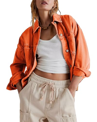 Damen Jeansjacke Langarm Umlegekragen Knopfverschluss Jeansjacke Herbst Lose Jeansjacke für Frauen, A-Orange, M von Felcia