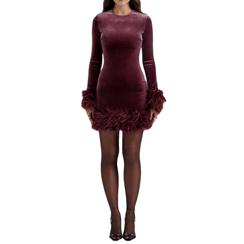Damen Langarm Bodycon Minikleider Elegant Federbesatz Eng Flauschiges Kleid Ausgehen Party Cocktail Abendkleid, A-Wine Red, XL von Felcia