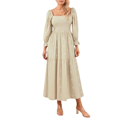 Damen Langarm Maxikleid Quadratischer Ausschnitt Blume Stickerei Rückenfrei Bohemian Flowy Kleid Elegant Strand Langes Kleid, A-apricot, Medium von Felcia