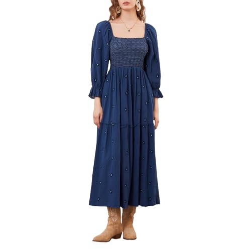 Damen Langarm Maxikleid Quadratischer Ausschnitt Blume Stickerei Rückenfrei Bohemian Flowy Kleid Elegant Strand Langes Kleid, B-Marineblau, L von Felcia