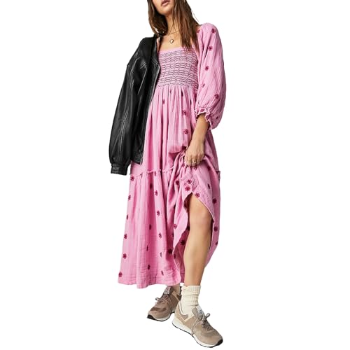 Damen Langarm Maxikleid Quadratischer Ausschnitt Blume Stickerei Rückenfrei Bohemian Flowy Kleid Elegant Strand Langes Kleid, B-Rosa, Medium von Felcia