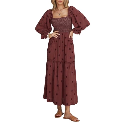 Damen Langarm Maxikleid Quadratischer Ausschnitt Blume Stickerei Rückenfrei Bohemian Flowy Kleid Elegant Strand Langes Kleid, B-braun, L von Felcia