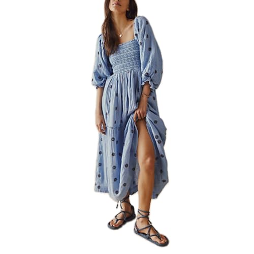 Damen Langarm Maxikleid Quadratischer Ausschnitt Blume Stickerei Rückenfrei Bohemian Flowy Kleid Elegant Strand Langes Kleid, B-sky blue, Medium von Felcia