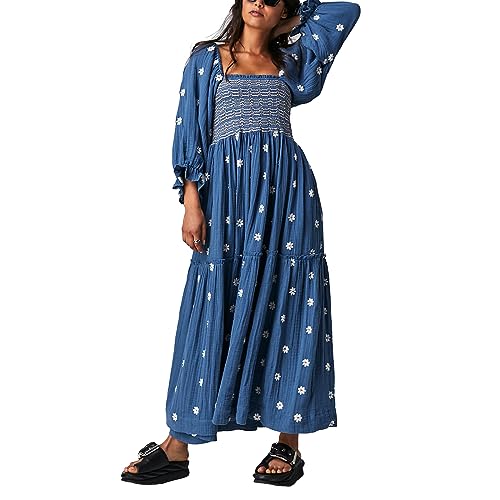 Damen Langarm Maxikleid Quadratischer Ausschnitt Blume Stickerei Rückenfrei Bohemian Flowy Kleid Elegant Strand Langes Kleid, Dunkelblau, Small von Felcia