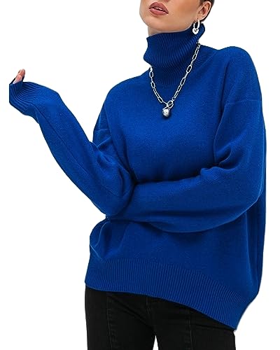 Damen Lose Rollkragenpullover Einfarbig Langarm Pullover Herbst Winter Warme Strickpullover Y2K Streetwear, königsblau, L von Felcia