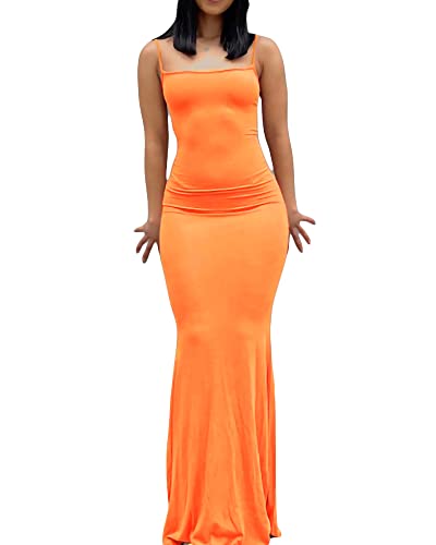 Damen Spaghetti-Träger, ärmellos, langes Kleid, einfarbig, figurbetont, Fischschwanzkleid, Party, Abend, Maxikleid, Orange, Small von Felcia